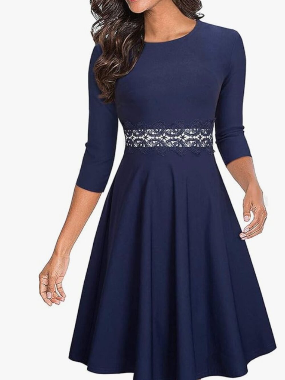 Homeyee Navy Fit & Flare Dress Lace Waist Midi Career Wedding Guest Size L